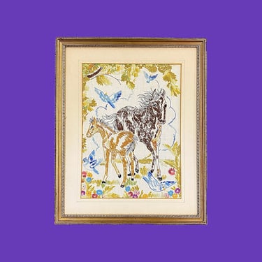 Vintage Horse Crewel 1970s Retro Size 21x17 Farmhouse + Homemade + Horses + Colt + Embroidery + Animals + Home Decor + Fiber Wall Art 