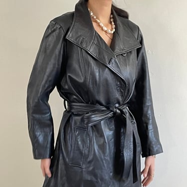 90s leather belted trench coat / vintage black lightweight belted high collar mid thigh capsule wardrobe leather trench jacket car coat | XL 