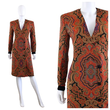 1990s Orange & Black Exotic Paisley Coat Dress - Vintage Paisley Coat Dress - 90s Fall Dress - Vintage Autumn Dress - 90s Dress | Size Small 