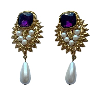 Shaill Jhaveri for Avon-Elizabeth Taylor Amethyst, Designer Signed, Shaill Jhaveri for Avon Imperial Elegance Earrings, Pearl Drop Clip Ons 