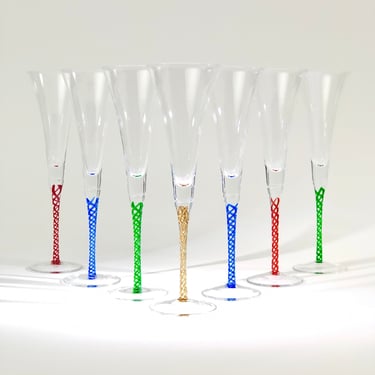 Champagne Flutes Rainbow Air Twist, Italy Art Glass Set of 4 Trumpet Flare Spiral Wine Stemware Wedding Toast Glassware, Blue Green Red Gold 