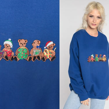 Christmas Sweatshirt TEDDY BEAR Shirt Royal Blue Xmas Sweater 90s Animal Print Crewneck 1990s Ugly Xmas Vintage Teddybear Extra Large xl 