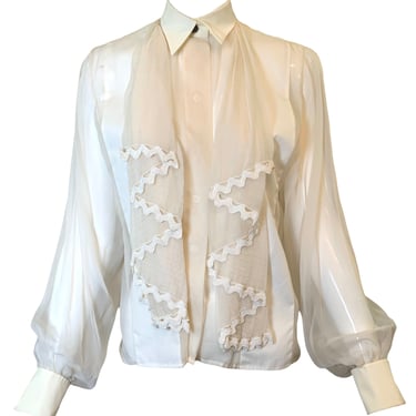 Christian Dior Sheer Cream Silk Ruffled Jabot Button Down Blouse