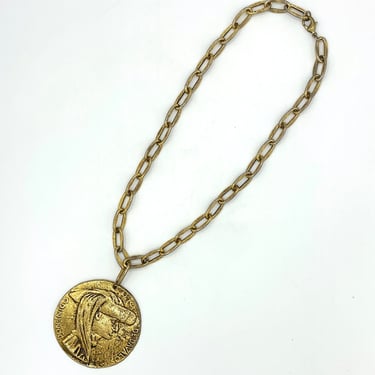Vintage 1960s/1970s Museum Replica Portrait Medallion, Large Gold Tone Pendant of Don Iñigo De Davalo, Mid-Century Statement Necklace 