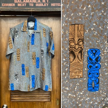 Vintage 1950’s -Deadstock- Atomic Tiki Silk Loop Collar Short Sleeve Hawaiian Shirt, Size L, Matching Pocket, 1950’s Shirt 