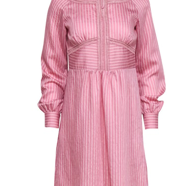 Sui by Anna Sui - Pink & White Striped Midi Dress w/ Embroidery Sz S