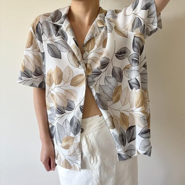 vintage blouse floral vintage shirt vintage top white leaf 90s retro vintage style silky shirt wrinkled textured secretary blouse size M/L 