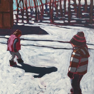 Family #24  |  Original Acrylic Painting on Canvas 12 x 16, small, gallery wall, winter, michael van, snow, woods, children, shadow 