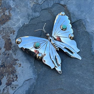 Vintage Mexico Sterling Silver Butterfly Pin / Brooch with Green Cabs on Wings c. 1940's 