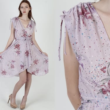 Violet Floral Wrap Dress / Vintage 70s Lilac Wildflower Dress / Shoulder Tie Tulip Layered Skirt / 1970s Sheer Disco Midi Dress 