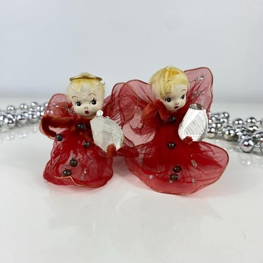 Vintage Red Tulle Musical Christmas Angels, Made in Japan 1940 1950 Chenille Pipe Cleaner, Wire Angel Pixie Fairy, Mercury Glass Beads Gold 