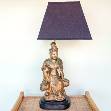 Large Wood Carved Buddha Lamp