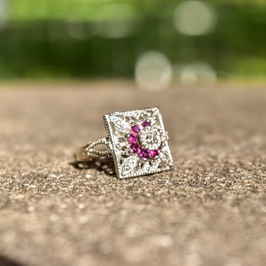 Estate 10K White Gold Diamond Pink Tourmaline Square Cluster Ring, Filigree Openwork, Art Deco Revival, 6 3/4 US 