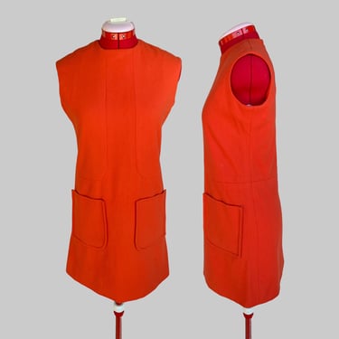 Vintage 1960s Orange Wool Mod GoGo Shift Mini Dress Fall Gift 