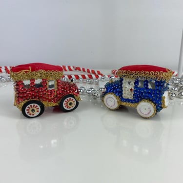 Vintage Bead & Sequin Push Pin Automobile Car shaped Ornaments, Christmas Ornament, Red Gold Blue Sequin, Hand Beaded Pinned old ornament 