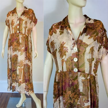 Vintage 90s soft grunge sheer shirtdress size medium large in Renaissance art print, short sleeve button up midi dress pastel neutral colors 