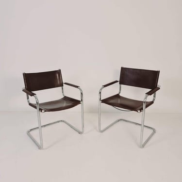 set of mid century S34 shoko braun Saddle Leather Dining Chairs by Mart Stam & Marcel Breuer italy 1980s  