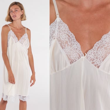 80s Slip Dress Off White Lingerie Midi Dress Lace Trim Retro Basic Full Empire Waist Nightgown Knee Length Vintage 1980s Extra Large xl 44 