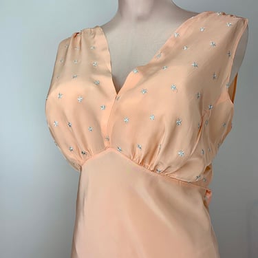 1940's Bias-Cut Negligee in Peach - Small Embroidered Blue Star Details - RAYON Fabric - Size MEDIUM - 30 Inch Waist 