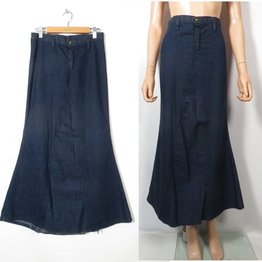 Vintage 70s Dark Denim Maxi Skirt Converted Bell Bottoms With Peace Sign Waist Snap Button Size XS 