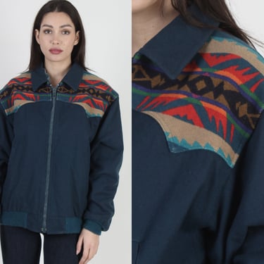 Vintage Teal Pendleton Jacket / 80s Rainbow Ethnic Print Pendleton Coat / Native American Southwestern Wool Bomber Large L 