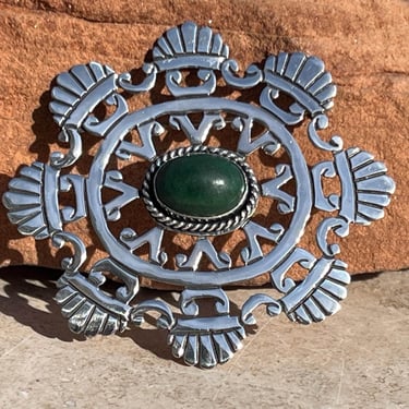 Jose Anton ~ Vintage Mexico Sterling Silver Open Work Brooch with Oval Green Stone Cab Center Pin c. 1940's 