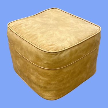 Vintage Ottoman Retro 1970s Mid Century Modern + Tan/Mustard Vinyl Fabric + Square Shape + 11