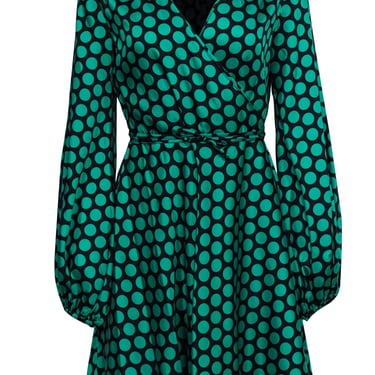 Milly - Black &amp; Green Polka Dot Long Sleeve Wrap Dress Sz M