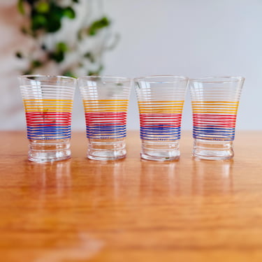 Vintage 1980s Tableware Set -  Luminarc Water Glasses With Colourful Hoops - Set of Four 