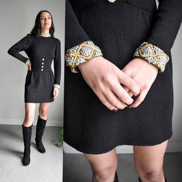 Vintage Black Knit Cocktail Dress with Beading 