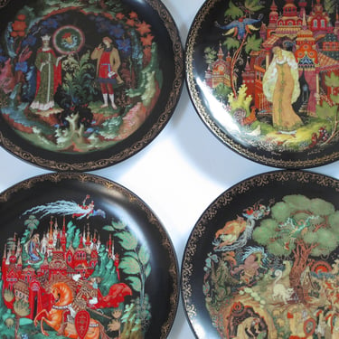 Folk and Fairy Tale Plates Russian Folk Art Black Gold hand painted collectors plates Colorful whimsical art Fantasy Story Art Bohemian 