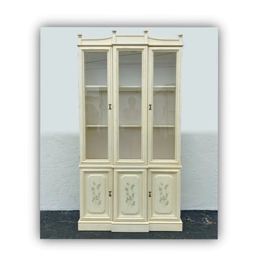 Vintage China Cabinet with Faux Bamboo - Illuminated Chinoiserie Glass Display Case Hollywood Regency Coastal Furniture 