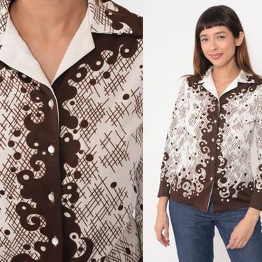70s Swirl Shirt Brown Abstract Plaid Disco Button Up Shirt Baroque Dagger Collar Hippie Boho Top Vintage 1970s Collared Long Sleeve Small 
