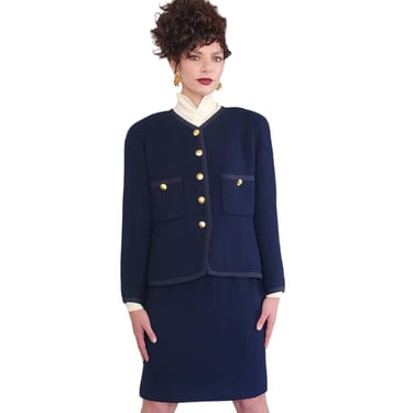 80s Chanel Skirt Suit Navy Blue Wool Boucle Gold CC Buttons 