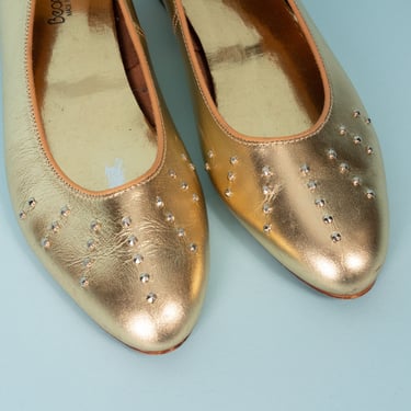 AMAZING Vintage 80s Beacon Silver Studded Gold Leather Ballet Flats (8.5) 