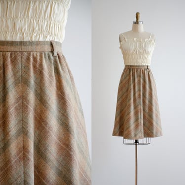 plaid wool skirt 70s 80s vintage brown beige green a line knee length skirt 