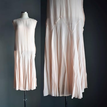 1920s Pale Pink Gown / 20s Pale Pink Silk Drop Waist Dress / Antique Pink Sheer Dress with Zig Zag Waistline / Real 1920s Flapper Dress 