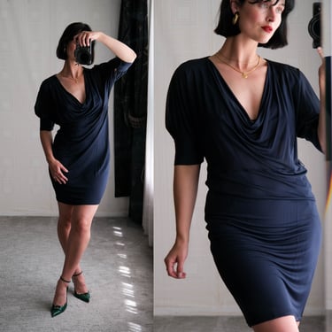 STELLA McCARTNEY Midnight Blue Sheer Cowl Neck Draped Dolman Sleeve Dress | Made in Italy | 42 | 100% Rayon | Y2K 2000s McCARTNEY Designer 