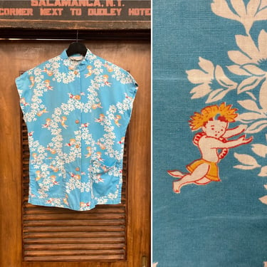 Vintage 1950’s Tiki Cherub Hawaiian Baby Cotton Tea-Timer Blouse Shirt Top, Cabana, 50’s Vintage Clothing 