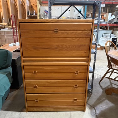 Mid-Century Modern Tall Solid Oak Dresser with Secretary Drop-Down Surface