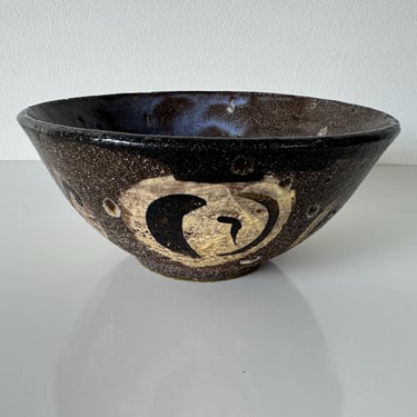 Vintage  Organic Art Pottery Bowl with Hand Painted Abstract Design 