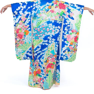 1960S Multicolor  Blue Silk Satin Hand-Printed Embroidered Kimono 