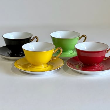 Vintage Noritake Morimura Set of 4 Demitasse Cup & Saucers Multicolor Hand Painted Gold Trim Bone China Espresso Footed Cups w/Plates Japan 