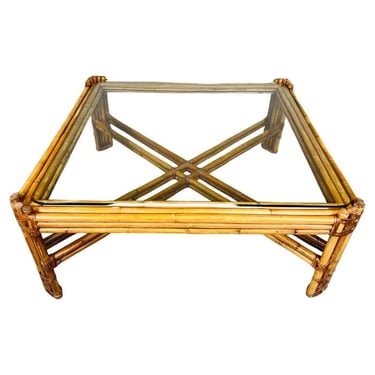 McGuire Style Bohemian Bamboo Square Cocktail Table With Leather Joinery 