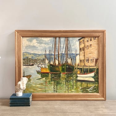 Large Vintage Impressionist Oil Painting Boats Harbor Scene Nautical New England 