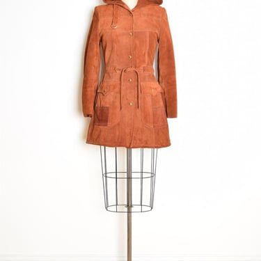 vintage 70s coat rust suede leather shearling hippie boho jacket hooded XS clothing 