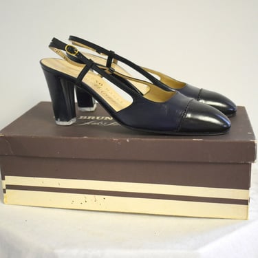 1980s Bruno Magli for Saks Navy Leather Slingback Heels, Size 7 1/2 S 