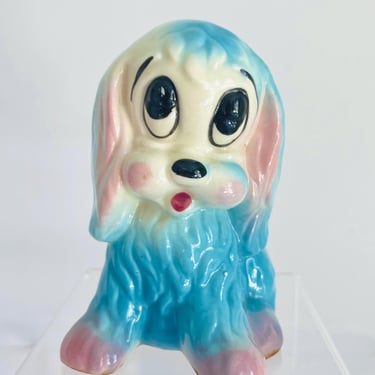 Vintage 1950s Retro Big Eye Puppy Love Blue Pink Dog Ceramic Art Nursery Planter 