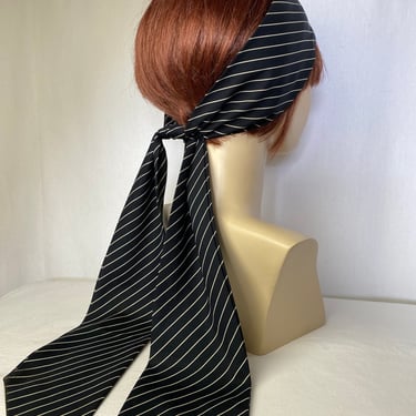 60’s long skinny scarf pussycat bow necktie neckerchief ~ Mod Black with white pinstripes 