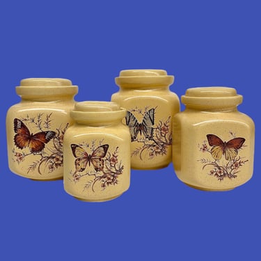 Vintage Canister Set Retro 1970s Bohemian + Pottery Craft + Butterflies + Set of 4 + Speckled + Beige Ceramic + Kitchen Storage + Butterfly 